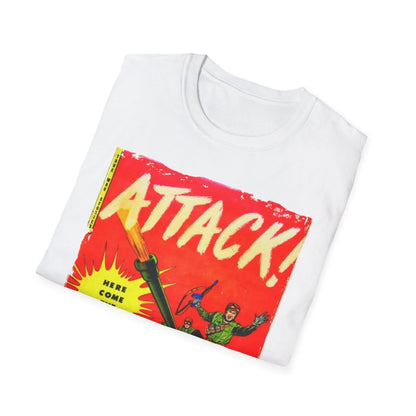 Close-up of the vintage-inspired Attack! July 1952 graphic on the chest, highlighting distressed print details and soft