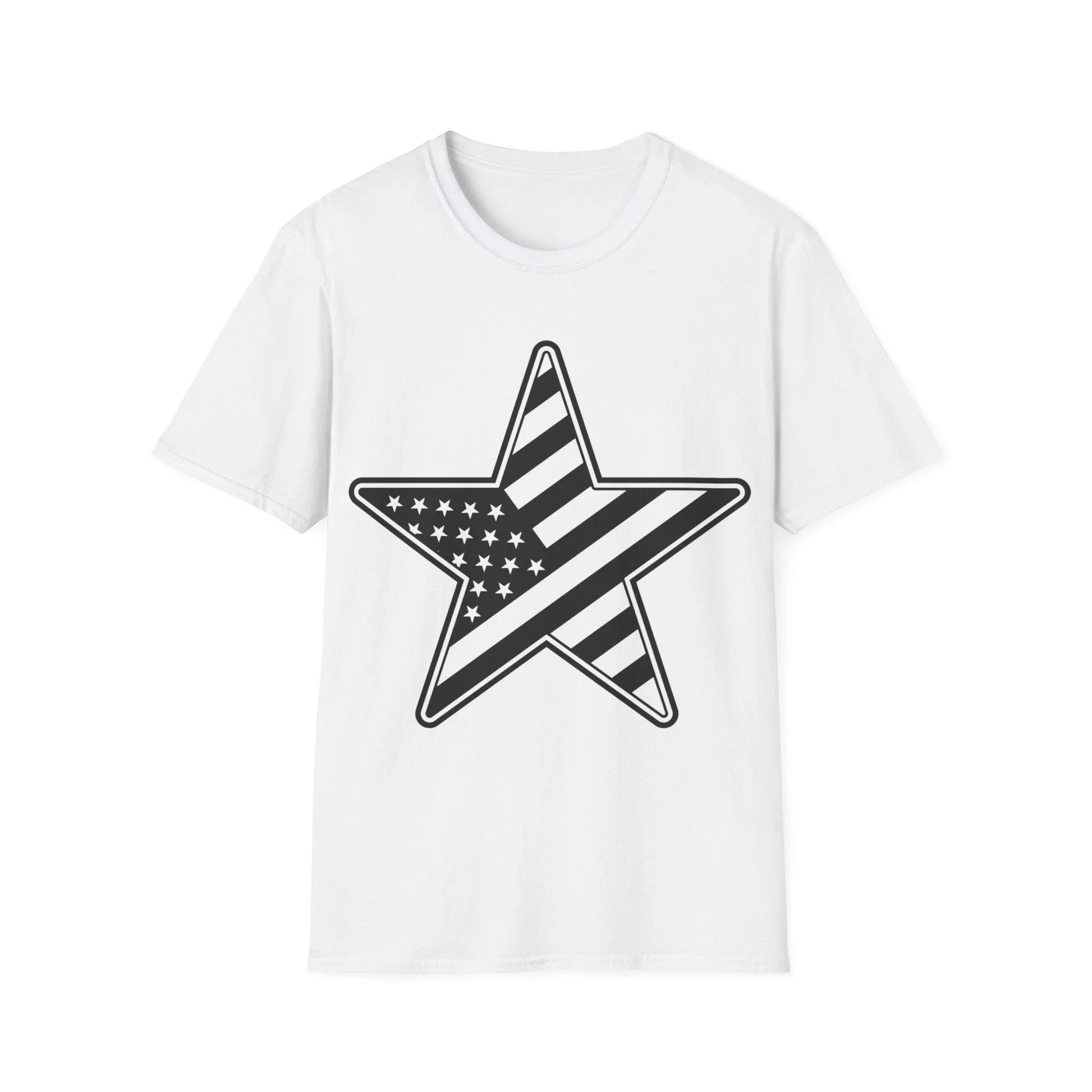 Printify Unisex black and white American flag star graphic cotton crew neck T-shirt, regular fit, short sleeves