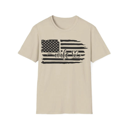 Close-up of distressed black and white American flag pattern on the unisex softstyle T-shirt’s chest area, highlighting