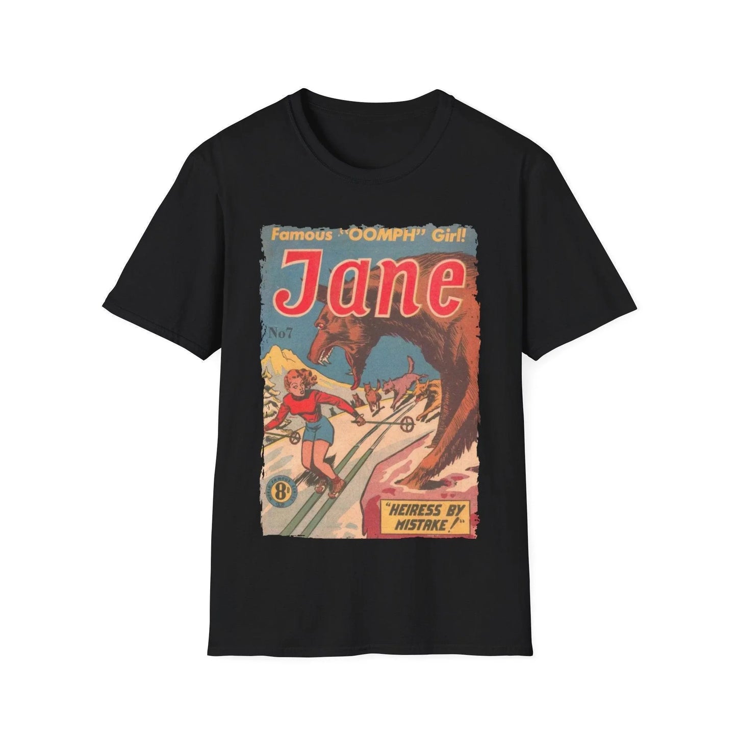 Jane No.7 unisex cotton crew neck T-shirt in relaxed fit, heather navy, DTG printed, men's and women's casual clothing by