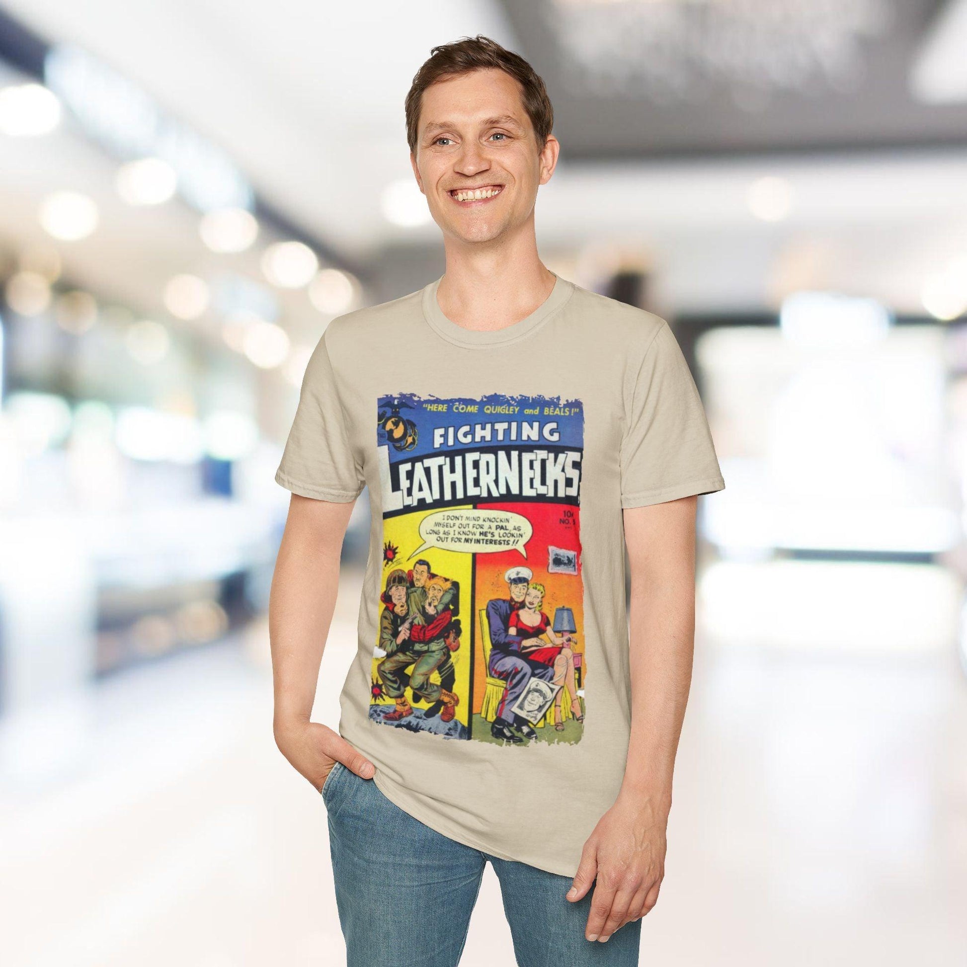 Close-up of the unisex softstyle fabric tag on the hem showing breathable cotton-poly blend and subtle texture detail