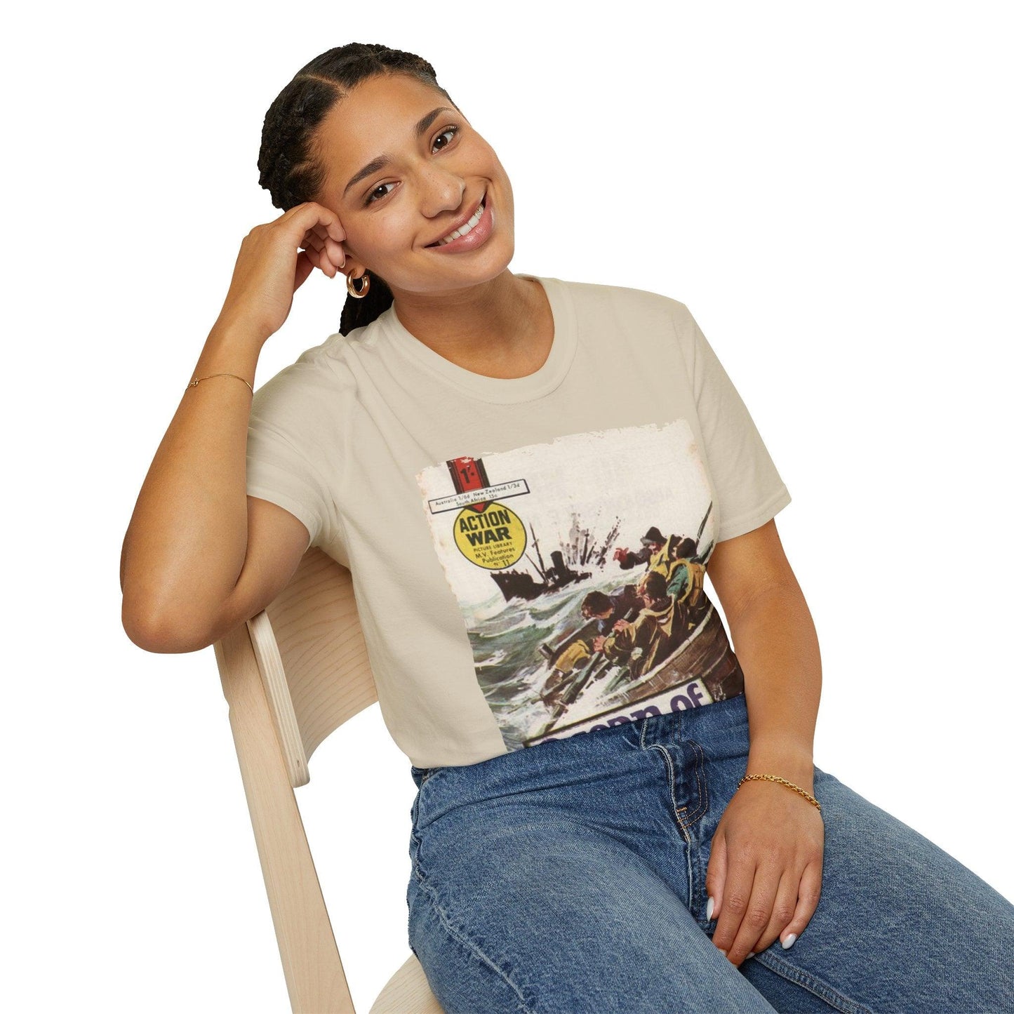 Close-up of the unisex softstyle fabric label sewn on the relaxed fit light blue T-shirt neckline showing stitching detail