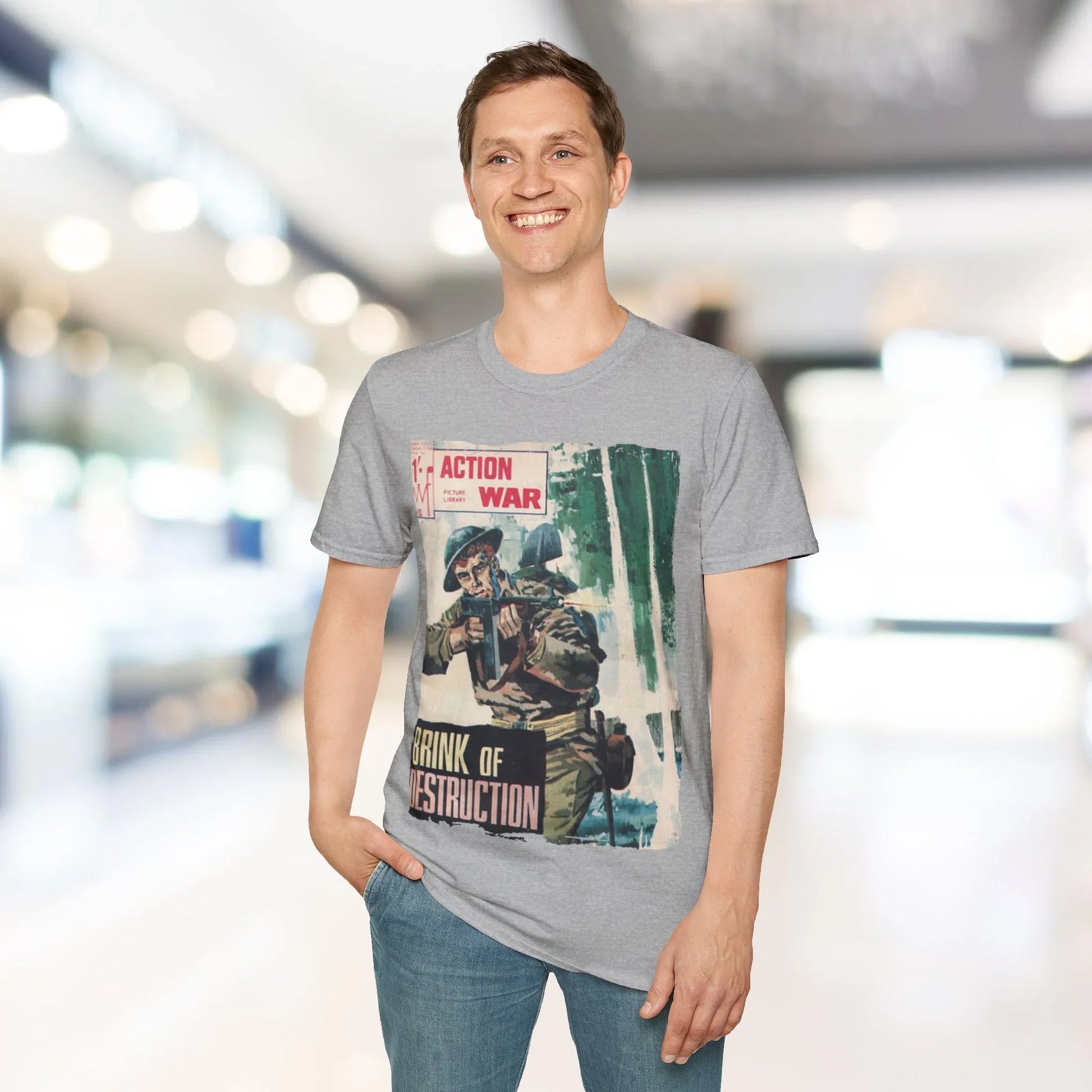 Close-up of the unisex softstyle T-shirt's relaxed fit collar and subtle fabric texture in vibrant navy color from a