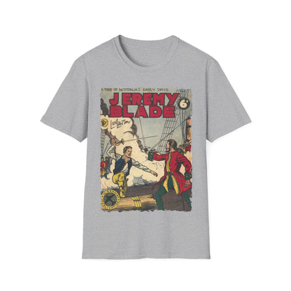 Close-up of Jeremy Blade unisex softstyle T-shirt collar with reinforced stitching and a subtle texture in heather navy