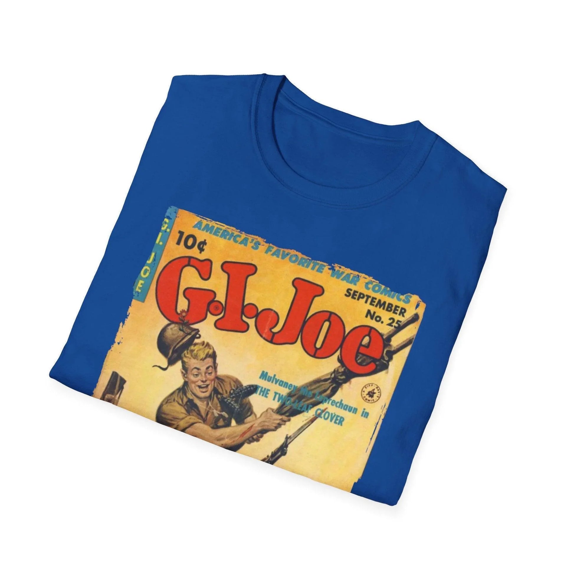 Close-up of the G.I. Joe No.25 unisex softstyle T-shirt's collar stitching and slim fit silhouette in navy color