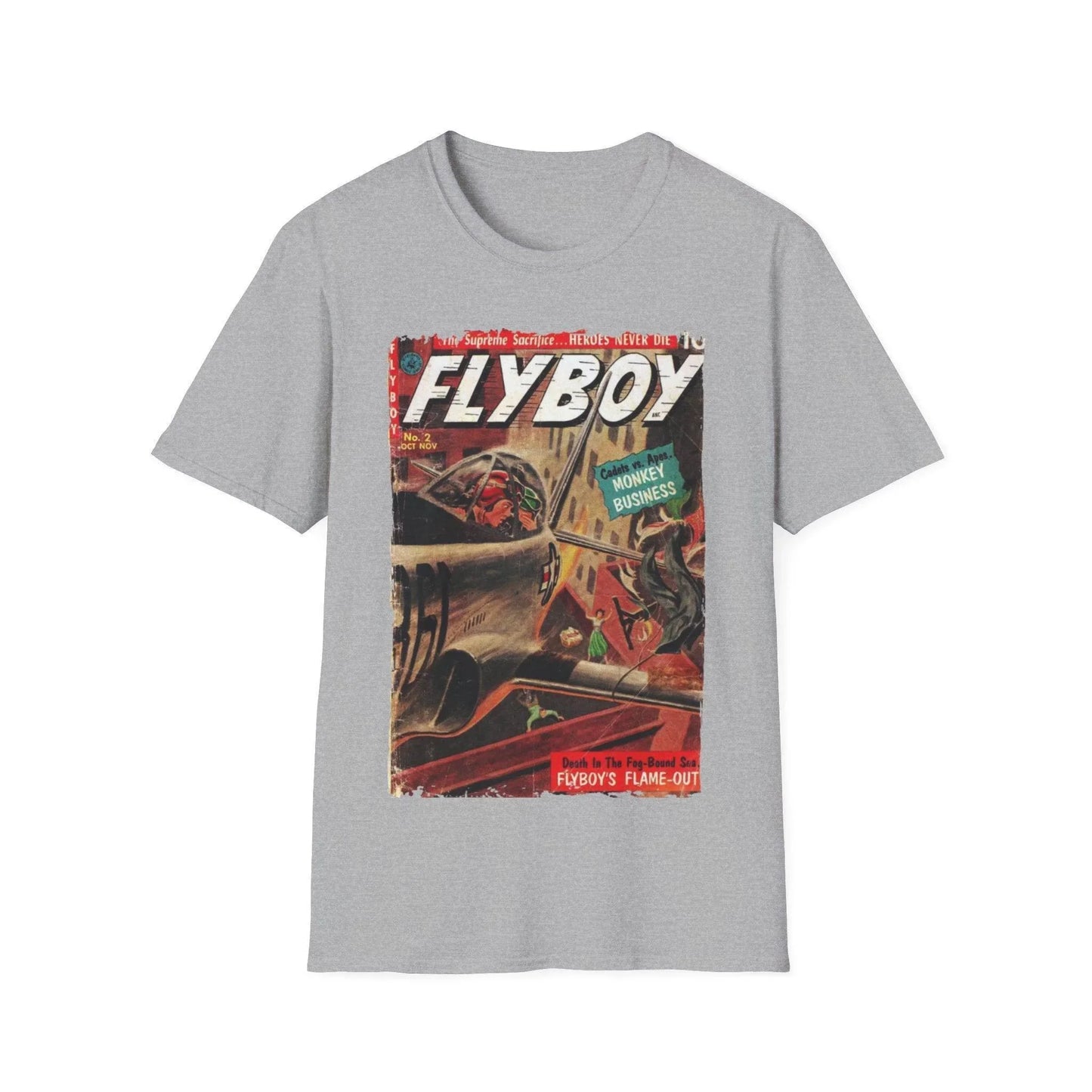 Close-up of the Flyboy No.2 unisex softstyle T-shirt’s navy color and smooth fabric texture from a slight diagonal angle