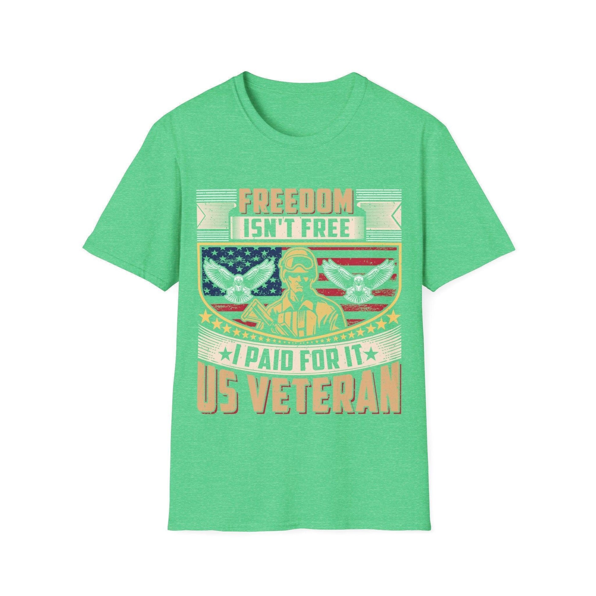 Close-up of the unisex softstyle T-shirt label featuring "Freedom Isn't Free" slogan on charcoal gray fabric, chest pocket