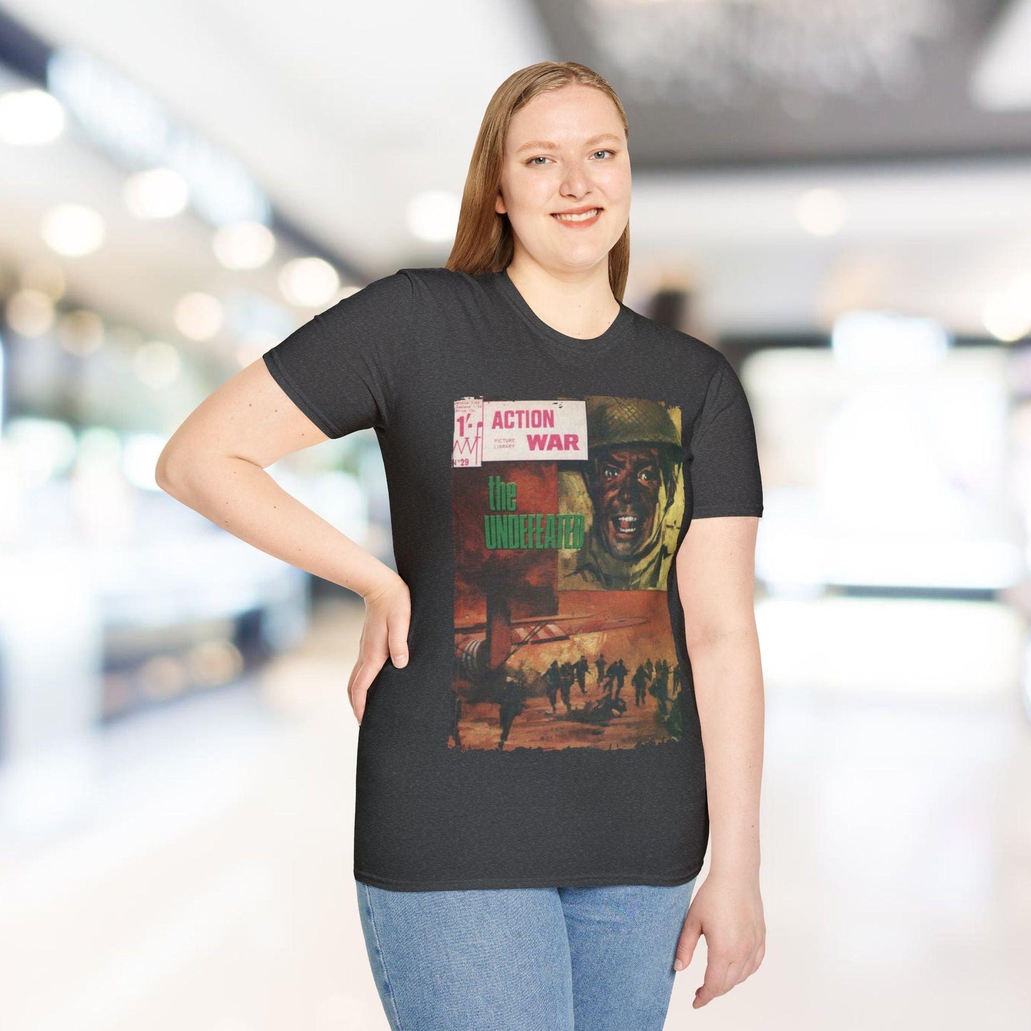 Close-up of the T-shirt’s stitched neckline detail in heather navy, highlighting the smooth seam and soft fabric edge.