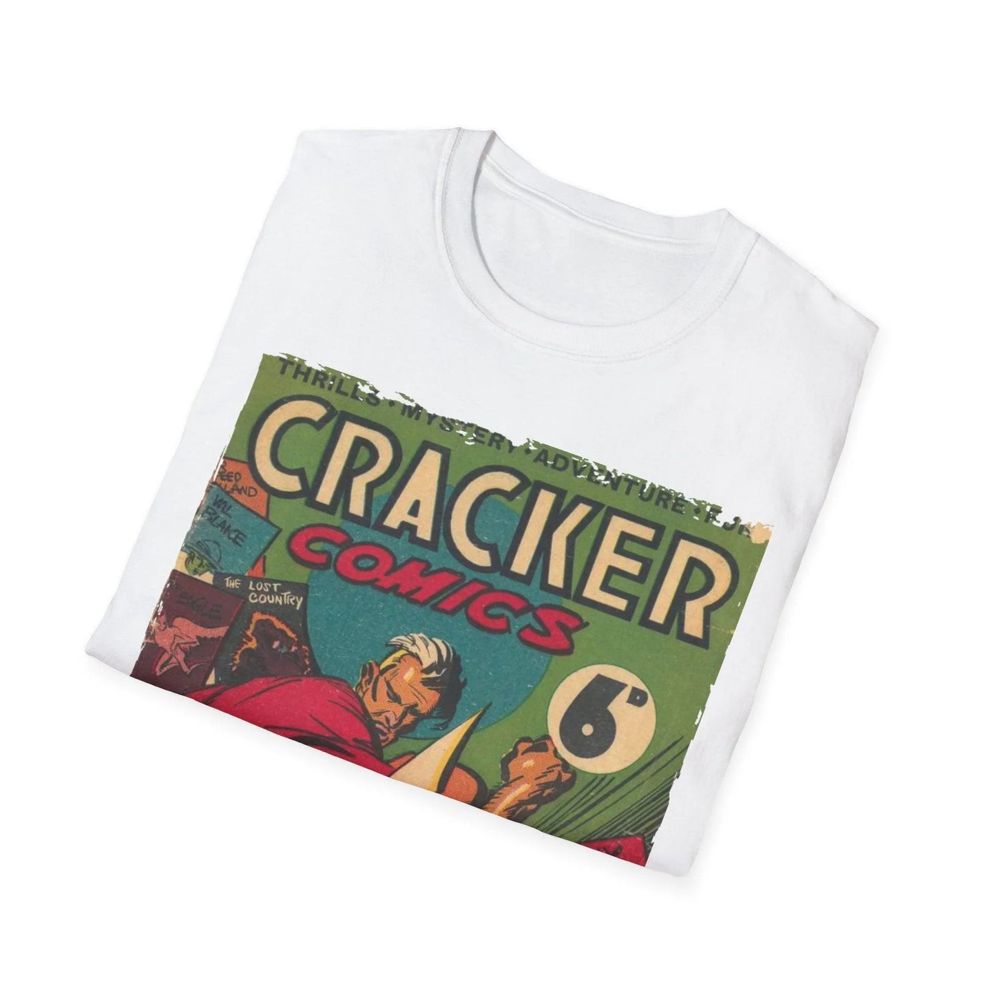 Close-up of the Cracker 1943 T-shirt's light heather gray fabric and subtle stitching detail at the neckline seam.