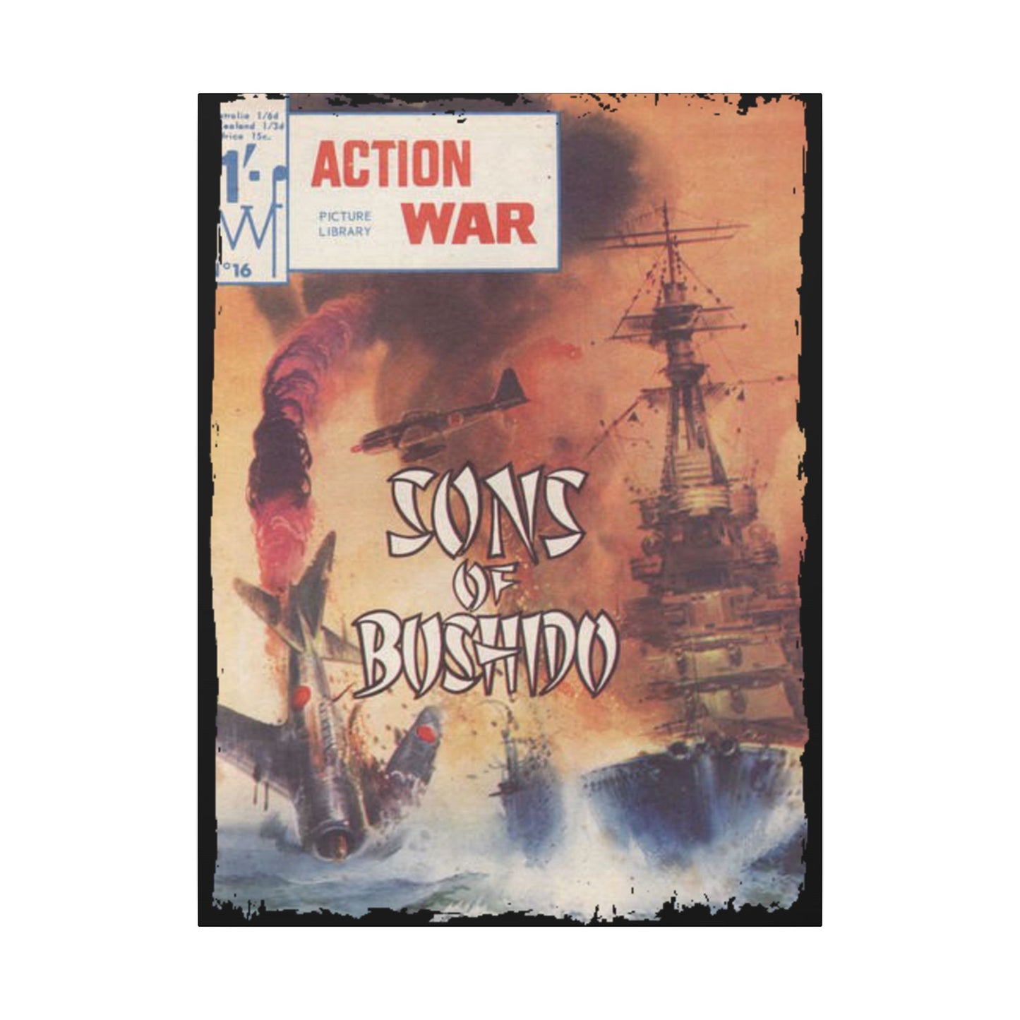 Close-up of textured canvas surface highlighting the detailed brushstroke pattern and matte finish of Action War #16 comic