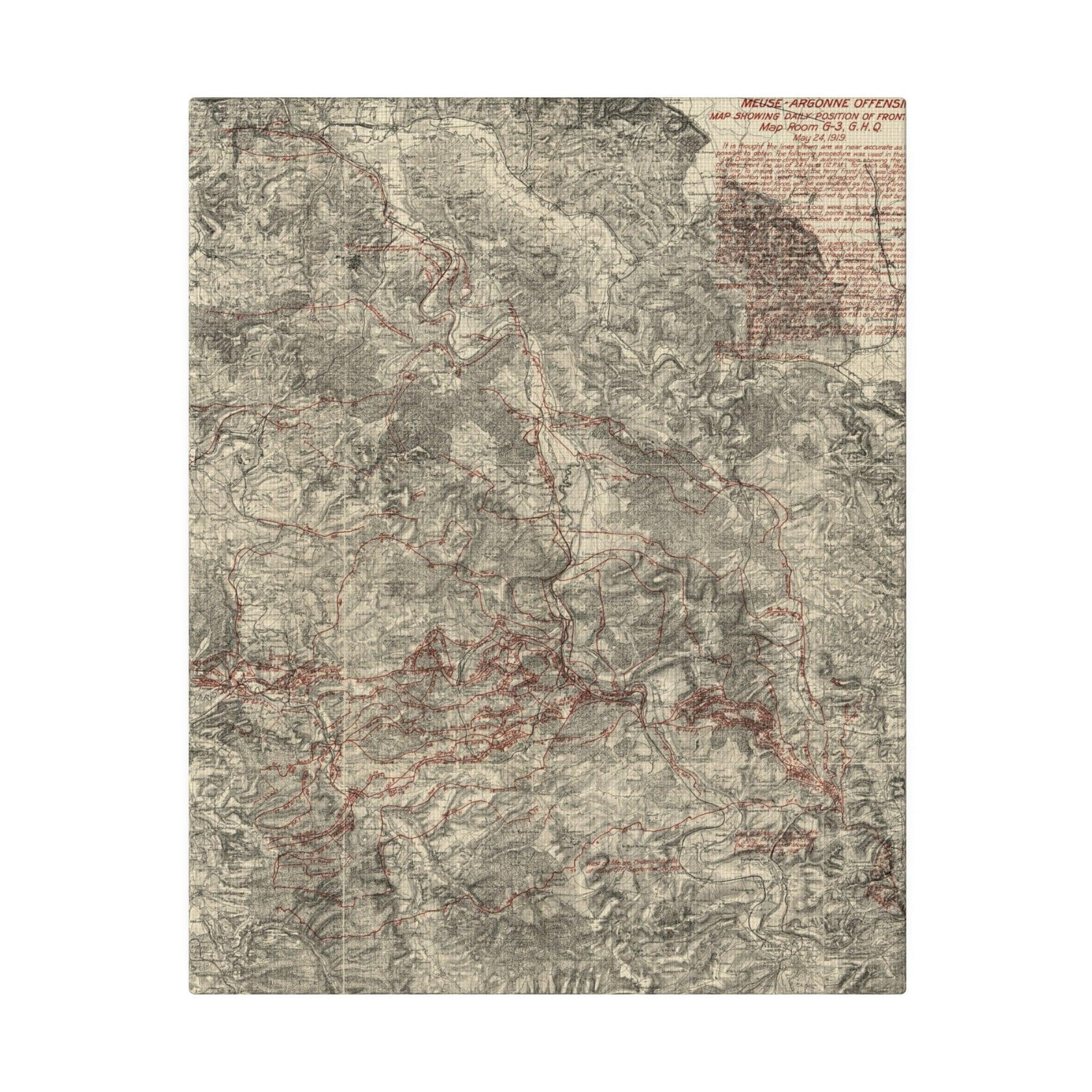 Close-up of the map's detailed G.H.Q. May 24, 1919 label with visible textured canvas surface and faded ink markings.