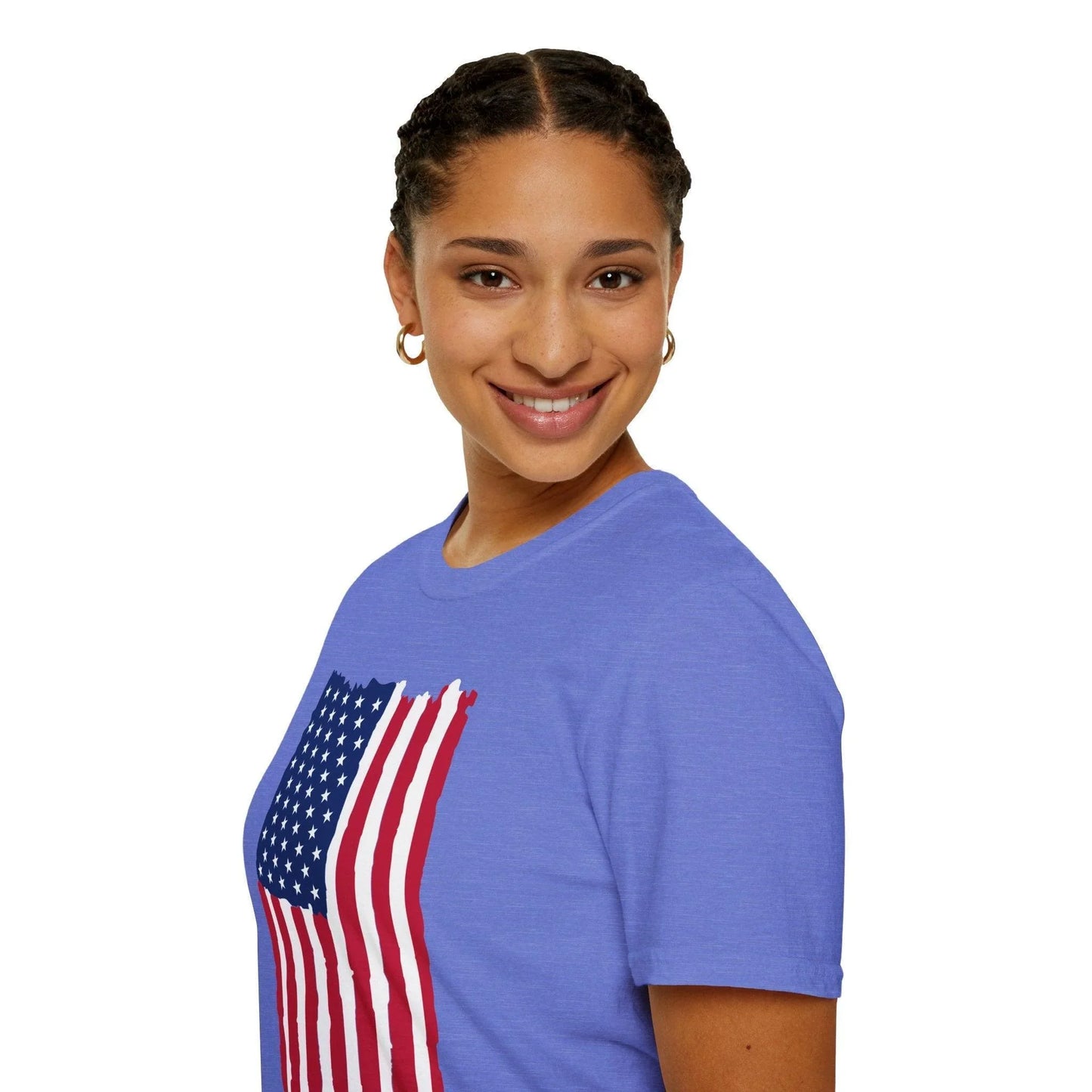 Close-up of the distressed American flag graphic on the front chest area, highlighting the vintage fabric distressed texture