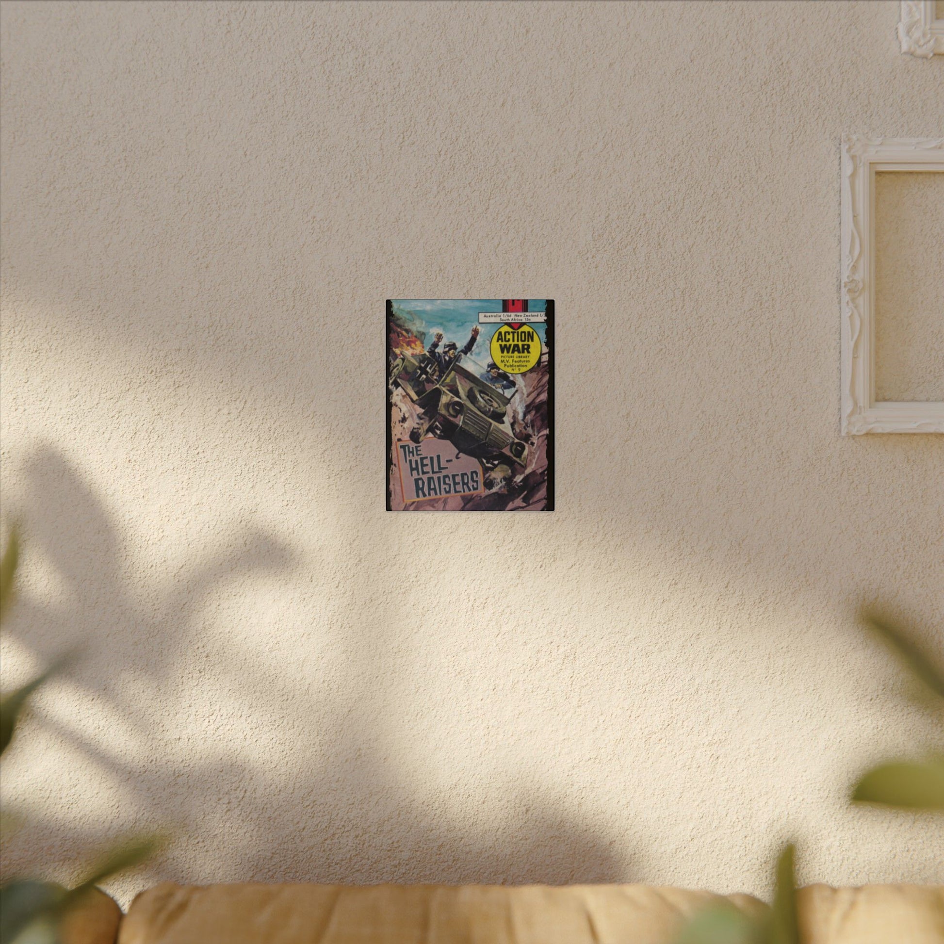 Close-up of textured canvas fabric revealing subtle brushstroke patterns and matte finish on Action War #9 print panel.