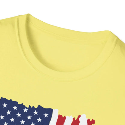 Close-up of distressed vertical American flag print on softstyle T-shirt fabric showing textured fabric fibers and faded