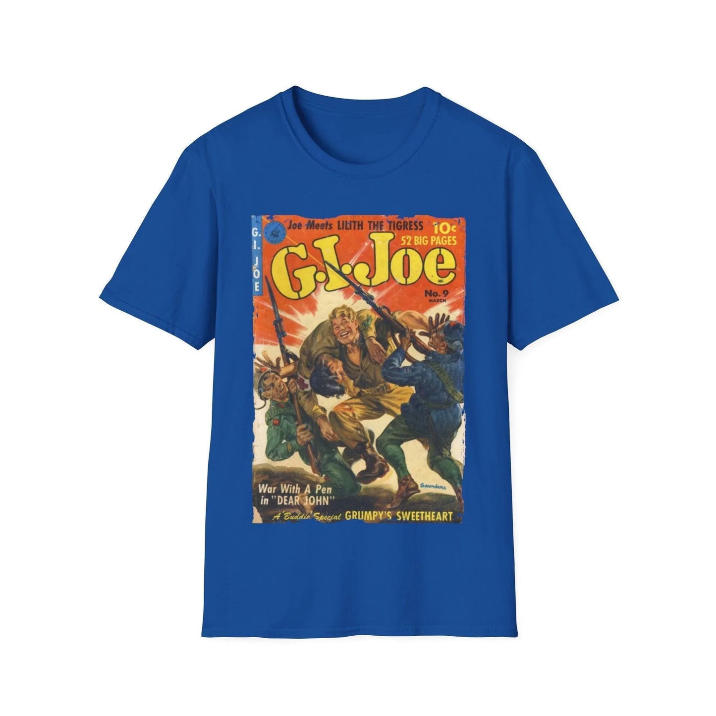 Close-up of the G.I. Joe No.9 T-shirt fabric showing soft, smooth polyester blend in vibrant navy color with subtle seams