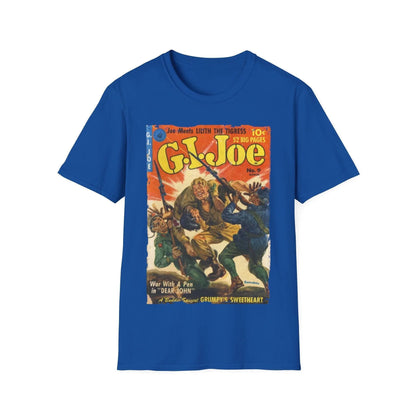 Close-up of the G.I. Joe No.9 T-shirt fabric showing soft, smooth polyester blend in vibrant navy color with subtle seams