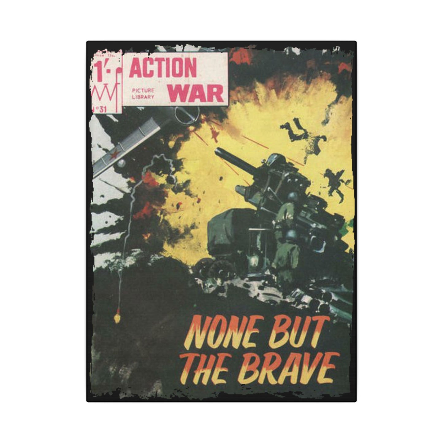 Close-up of the "Action War #31" comic cover showing vibrant yellow background and detailed action illustration in vintage