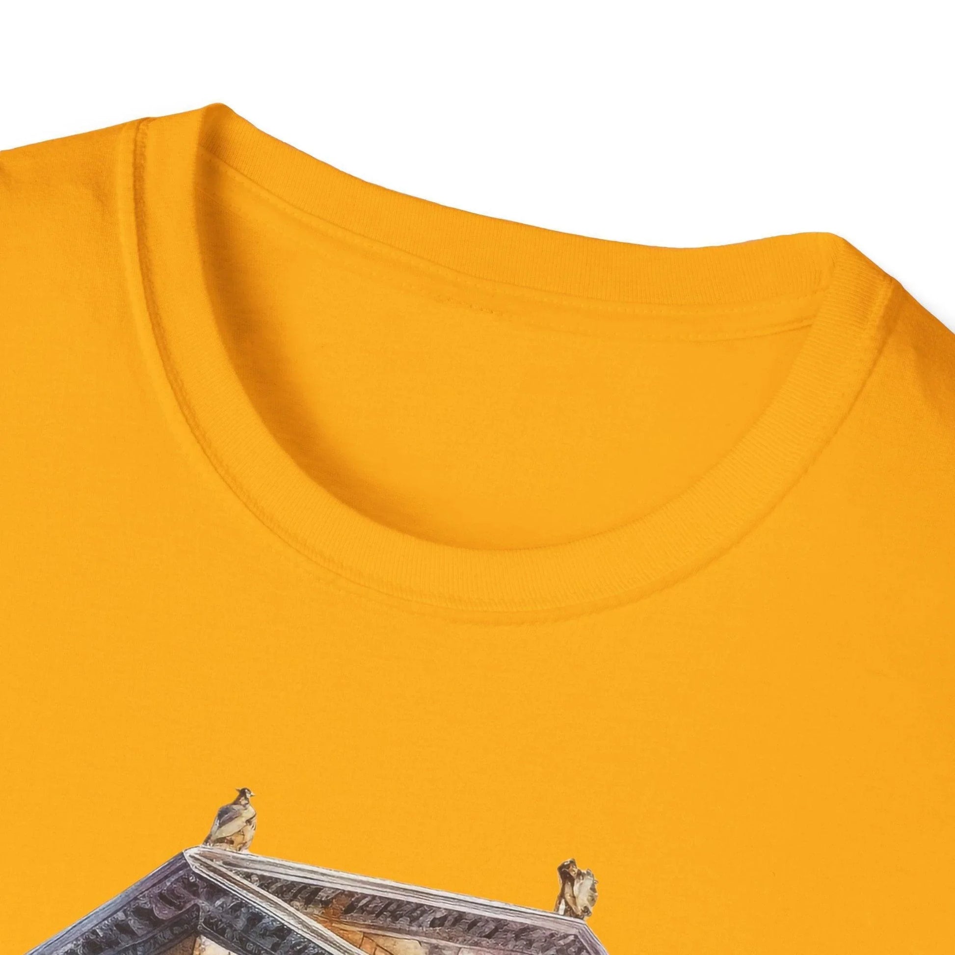 Close-up of the unisex softstyle fabric with visible stitching and relaxed fit, showcasing the deep forest green color from