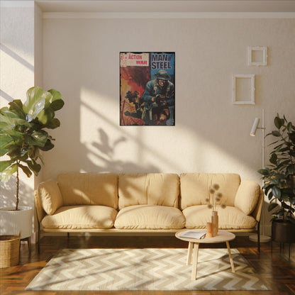 Close-up of the detailed comic book cover art featuring dynamic action scenes and vibrant color accents from Action War #25.