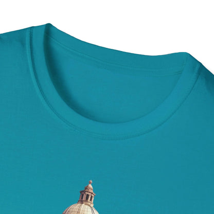 Close-up of the unisex softstyle T-shirt fabric showing smooth, relaxed fit with subtle heather blue texture and crew
