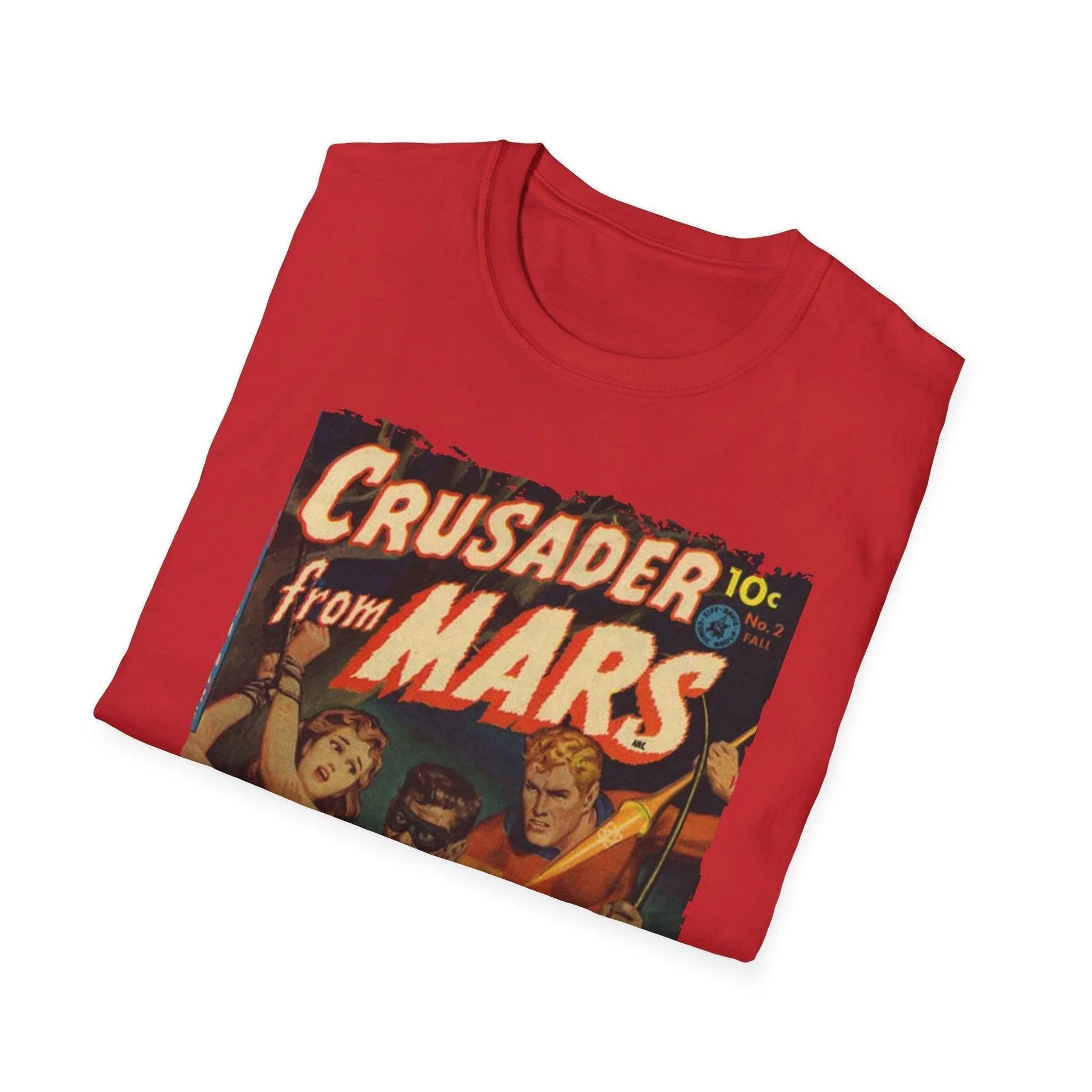 Close-up of the Crusader from Mars 2 T-shirt's vibrant graphic print on soft cotton fabric, highlighting detailed artwork