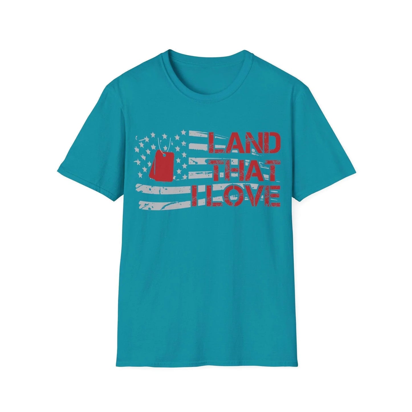 Front neckline detail showing “Land That I Love” script and relaxed fit with heather navy fabric and short sleeves.