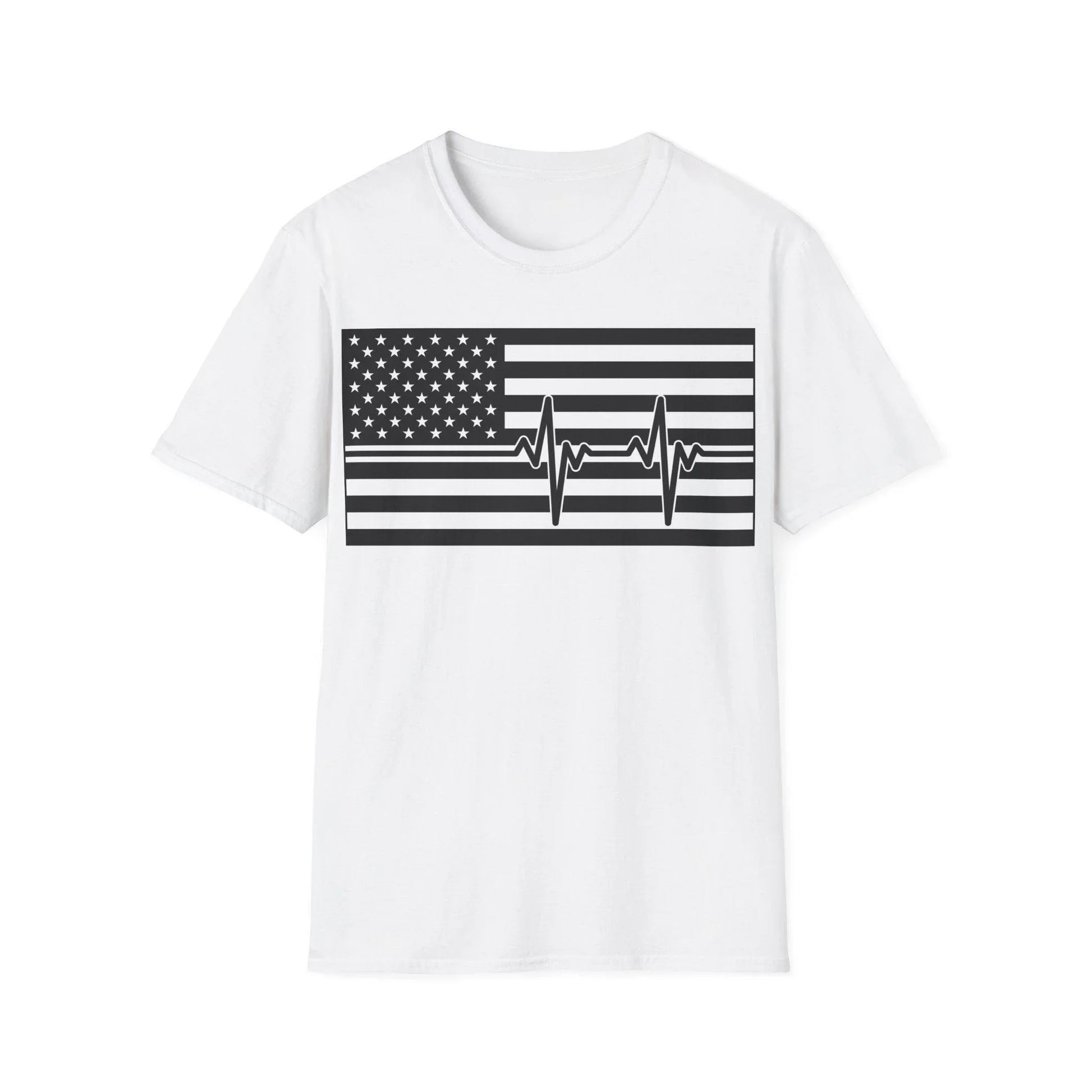 Printify American Flag heartbeat black and white unisex crew neck cotton T-shirt with regular fit and relaxed style