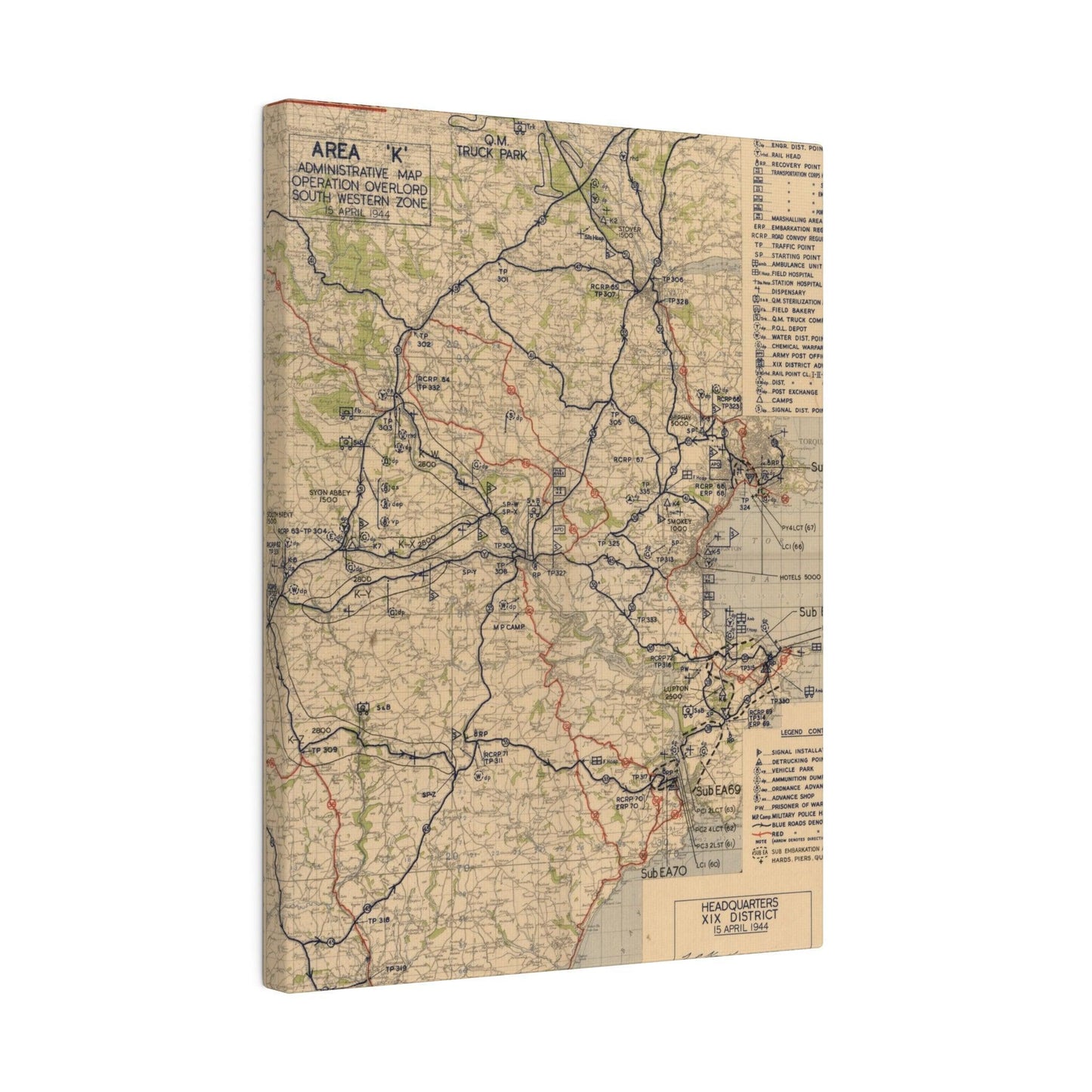 Close-up of detailed hand-painted labels, showing faded handwritten notes and markings on the canvas map segment.