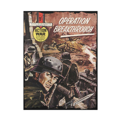 Close-up of vibrant comic book cover art featuring dynamic action scenes and bold title typography on canvas print.