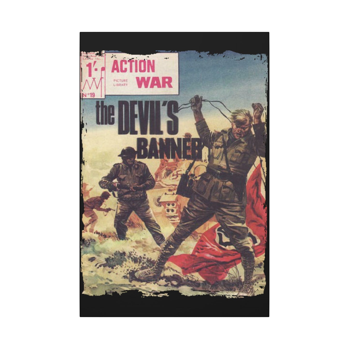 Close-up of the canvas texture revealing vibrant ink strokes and subtle fabric weave at a diagonal angle on the Action War