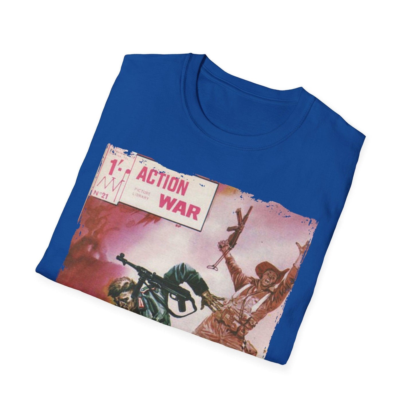 Close-up of the unisex softstyle T-shirt fabric showing smooth olive green cotton-blend texture and reinforced stitching at