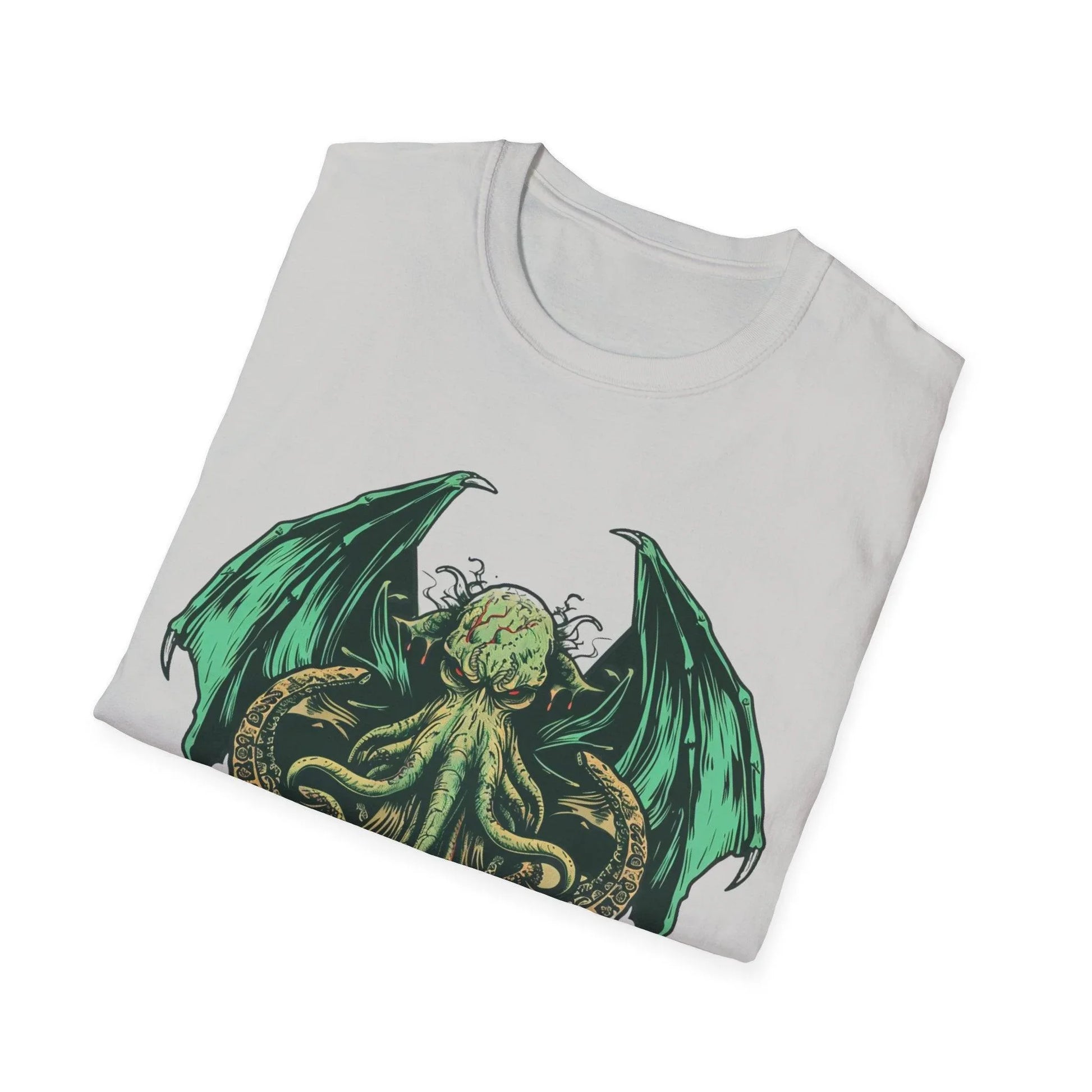 Close-up of the Cthulhu print's detailed linework on the relaxed-fit charcoal gray softstyle T-shirt from a lower-left angle.