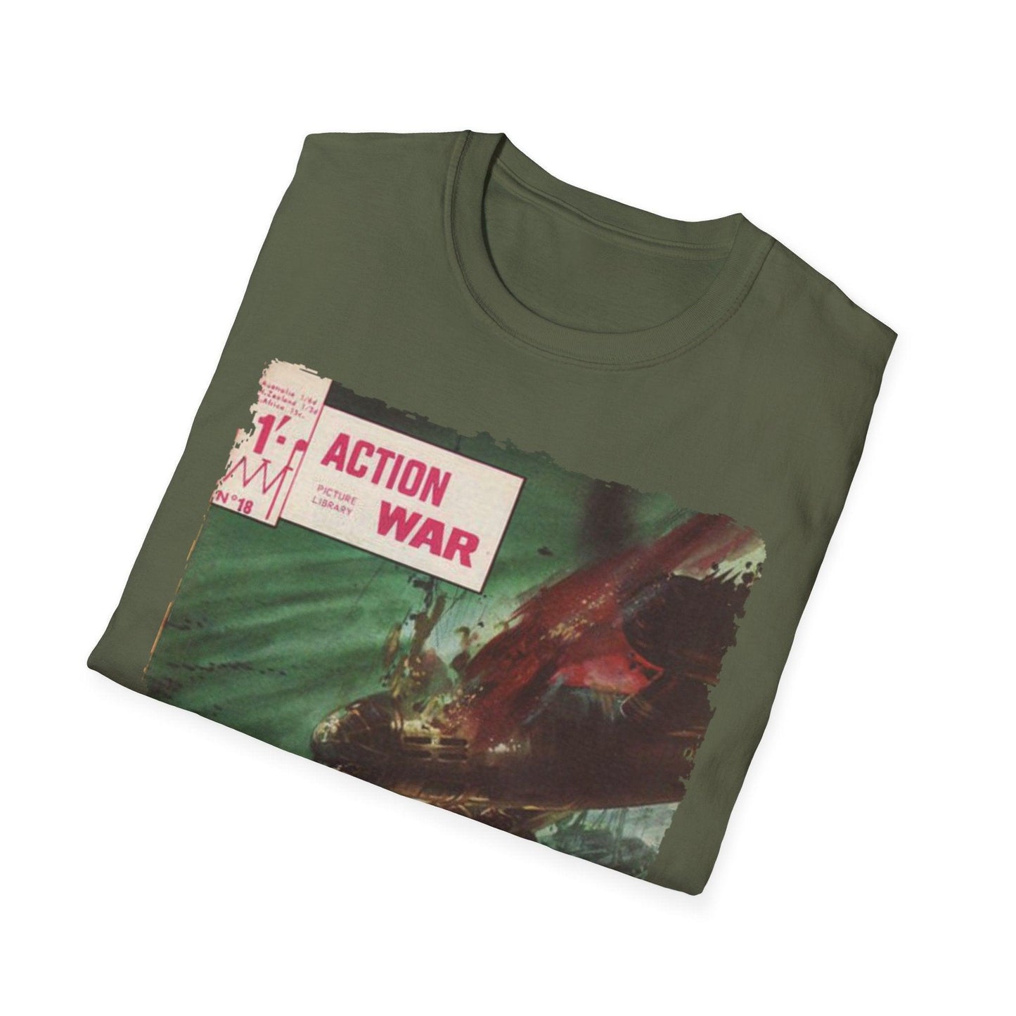 Close-up of the unisex softstyle T-shirt's navy fabric showcasing smooth, relaxed fit and short sleeves from a front-angle