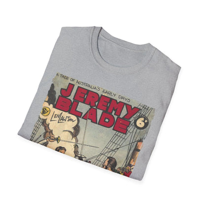 Close-up of Jeremy Blade unisex softstyle T-shirt's navy fabric showing smooth texture and neatly stitched crew neckline