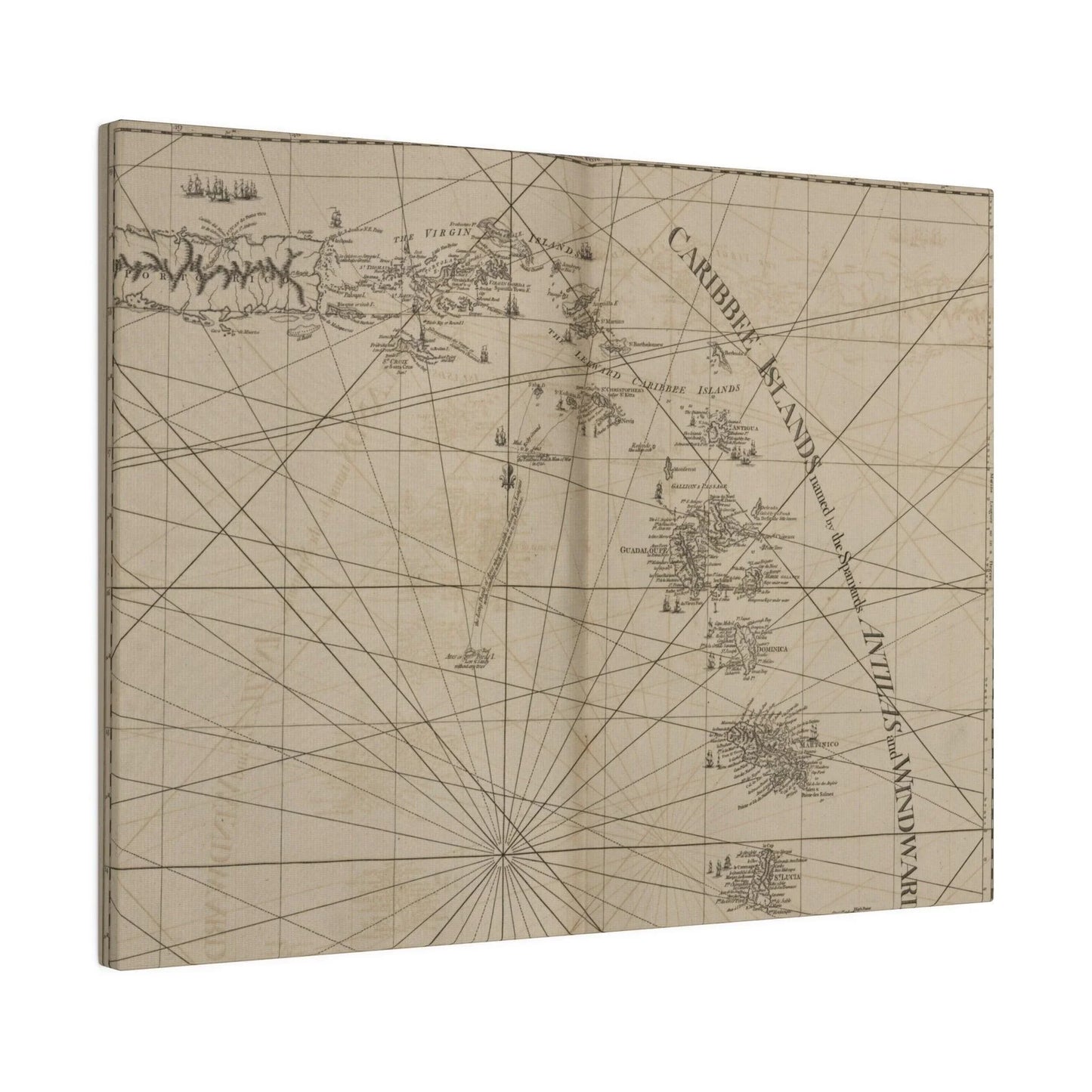 Close-up of vibrant Caribbean map detail highlighting Virgin Islands and Puerto Rico on textured canvas surface