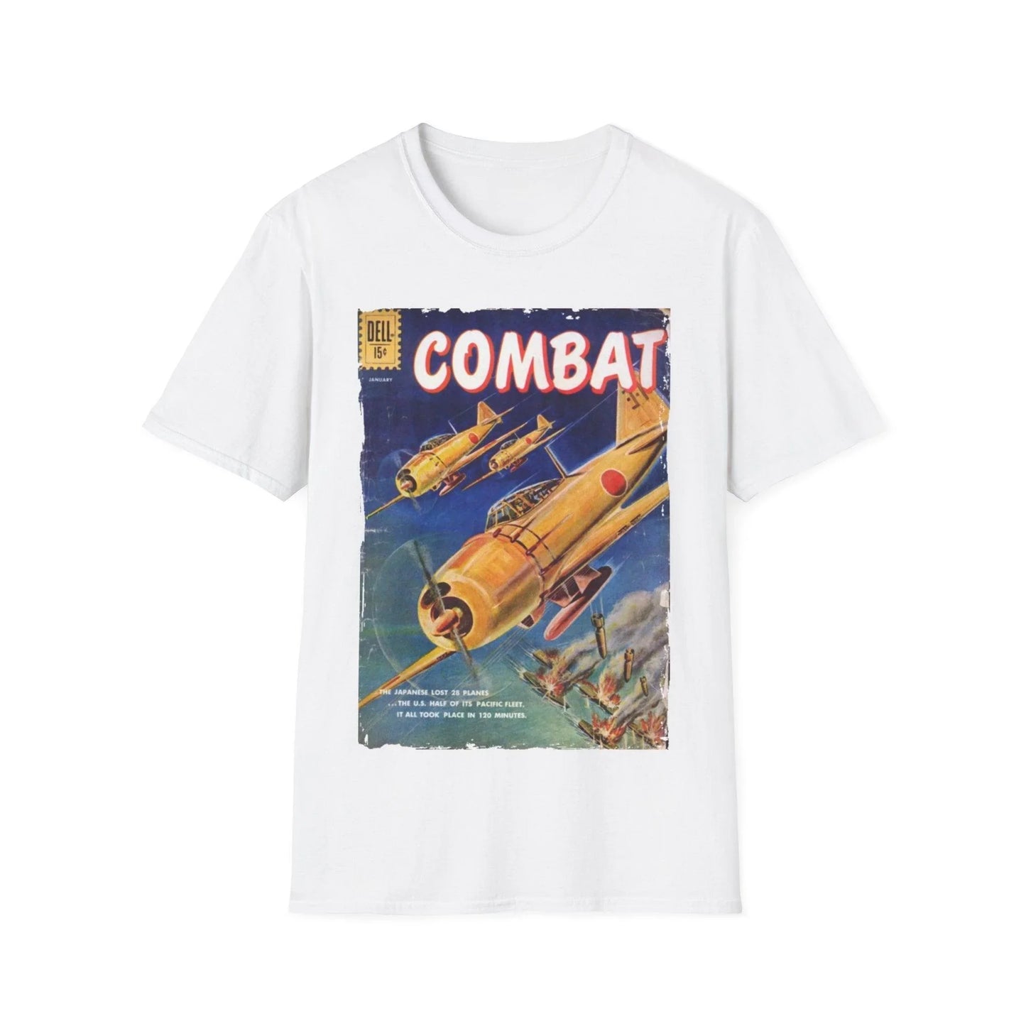 Close-up of the Combat Jan 1961 T-shirt’s front neckline showing reinforced stitching and soft cotton fabric in olive green.