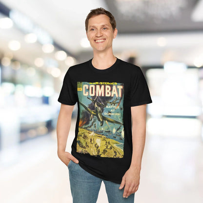 Close-up of the Combat March 1965 T-shirt’s soft cotton fabric and subtle stitching detail at the sleeve hem from a downward