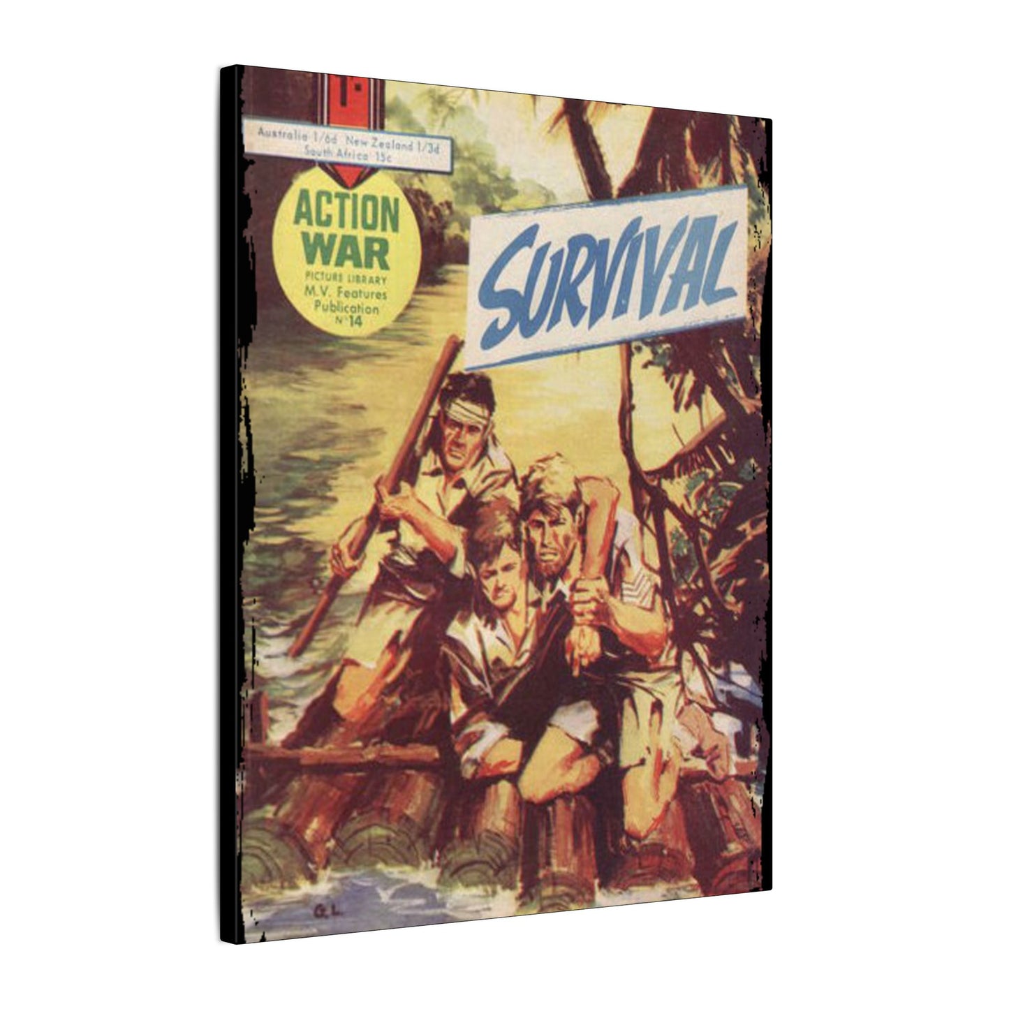 Close-up of the textured canvas surface highlighting the vintage-style print details and subtle fabric weave.