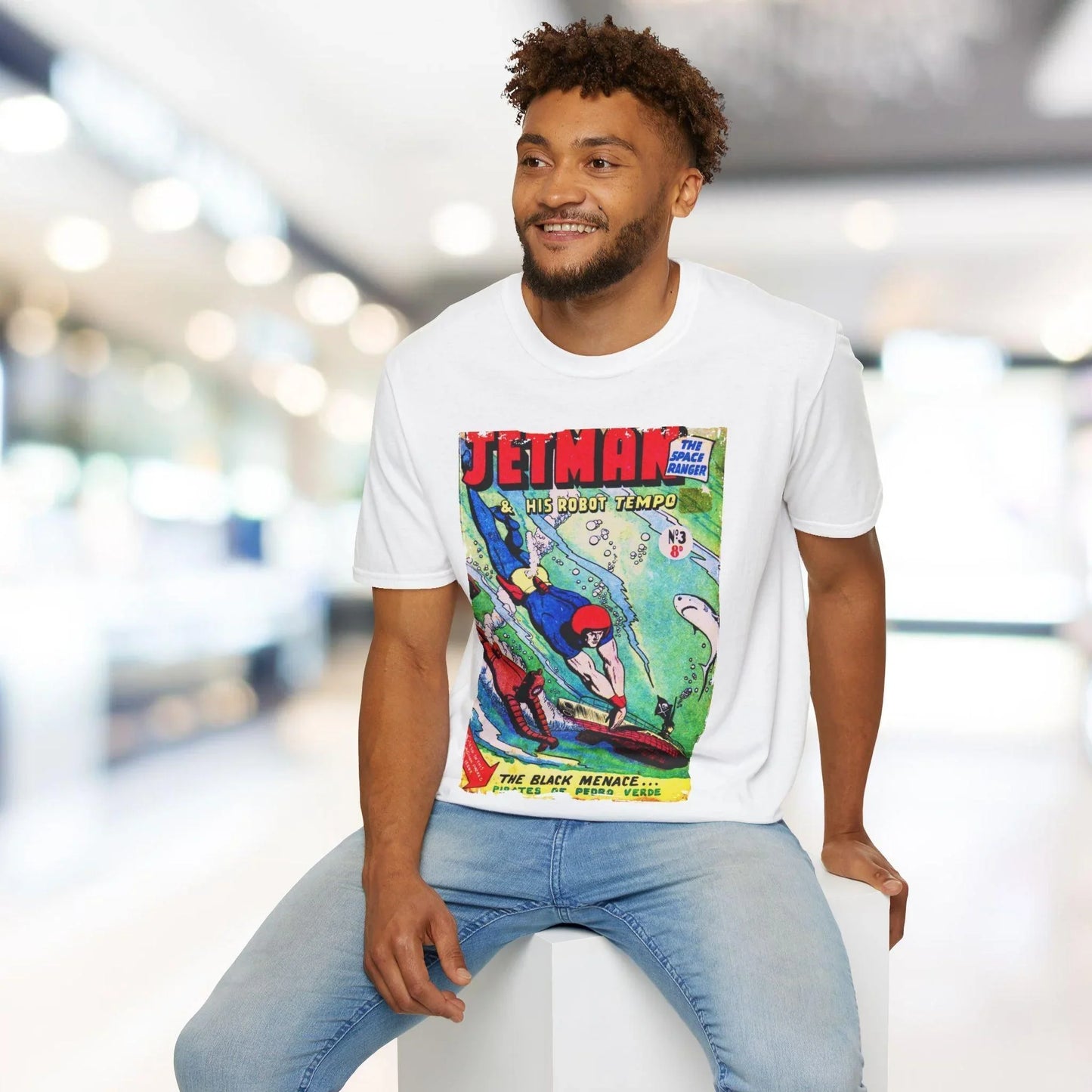 Close-up of the Jetman No.3 T-Shirt’s relaxed fit crew neckline and soft 100% cotton fabric texture from a slightly angled