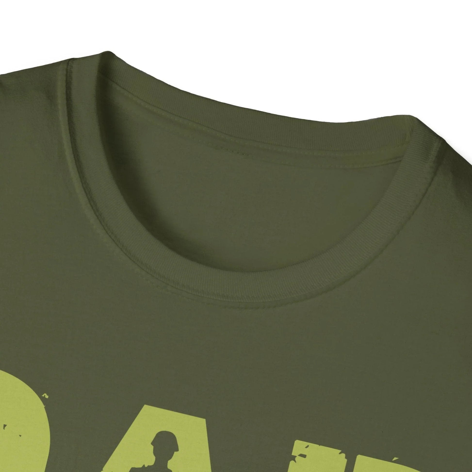Close-up of the unisex soft cotton fabric and relaxed fit of the Dad Hero Veteran Legend T-Shirt in army green, highlighting