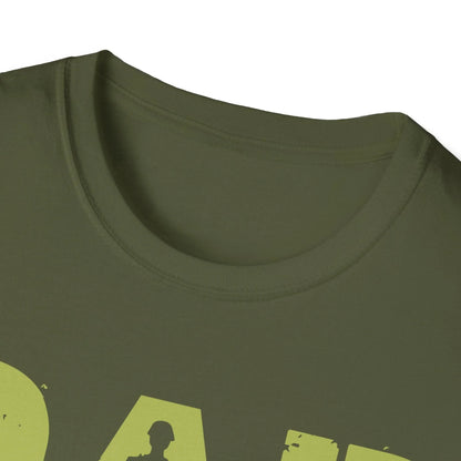 Close-up of the unisex soft cotton fabric and relaxed fit of the Dad Hero Veteran Legend T-Shirt in army green, highlighting