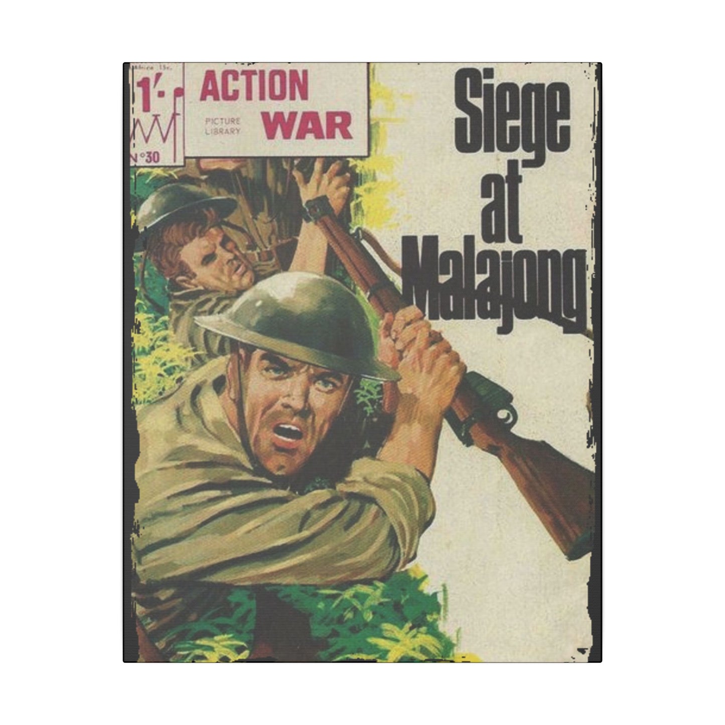 Close-up of the Action War #30 canvas edge showing textured fabric weave and vibrant color detail from a low angle.