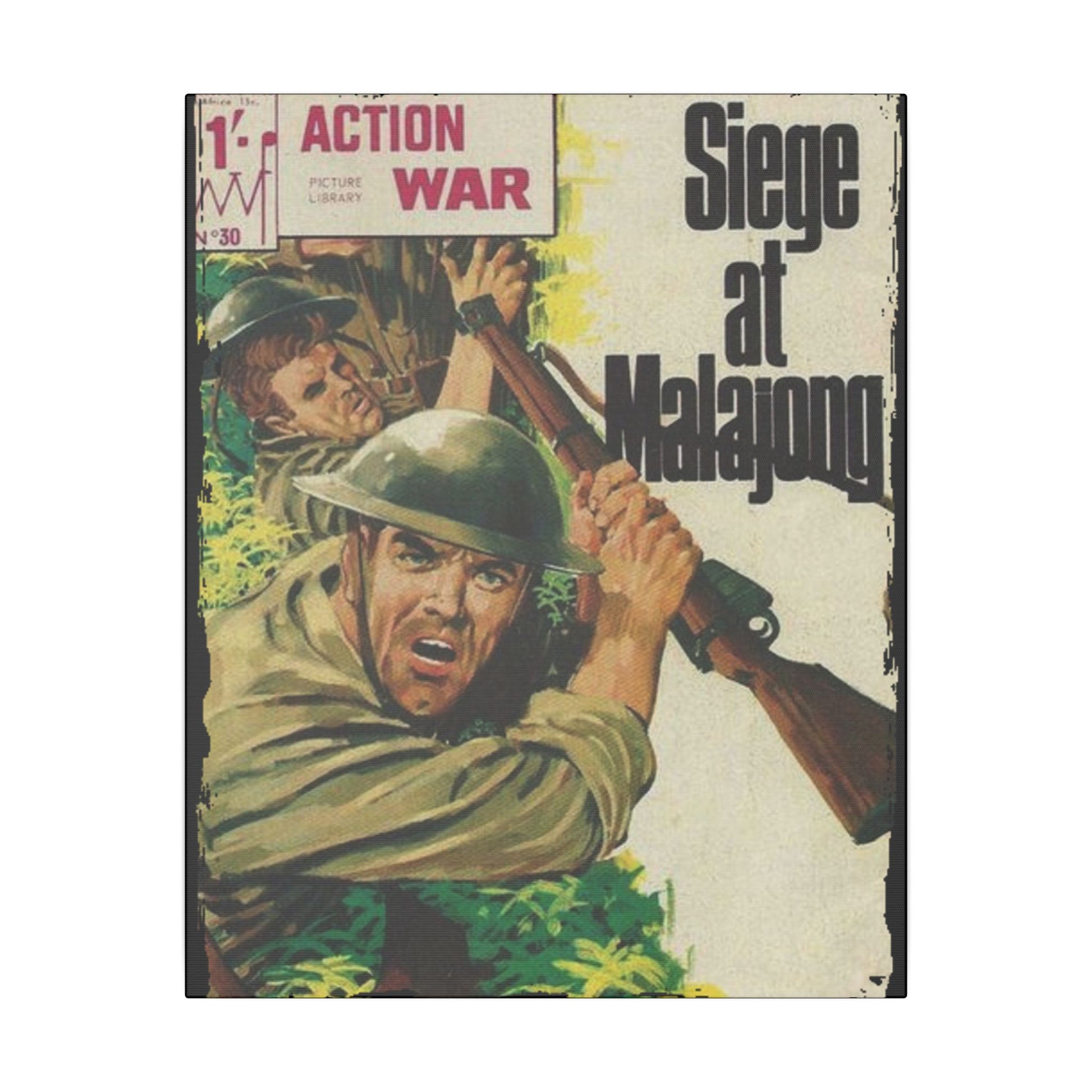 Close-up of the Action War #30 canvas edge showing textured fabric weave and vibrant color detail from a low angle.