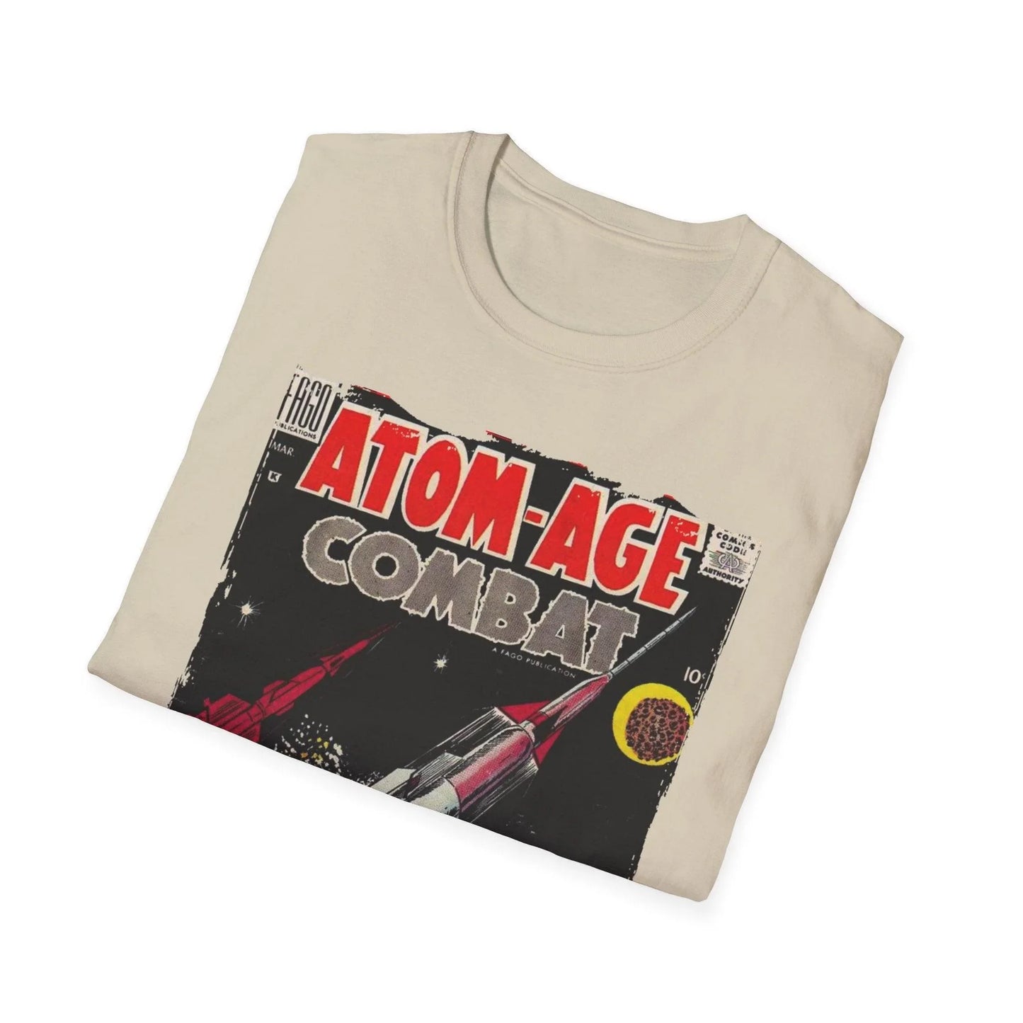 Close-up of the Atom-Age Combat No.3 unisex softstyle T-shirt fabric showing smooth cotton blend texture and vibrant black