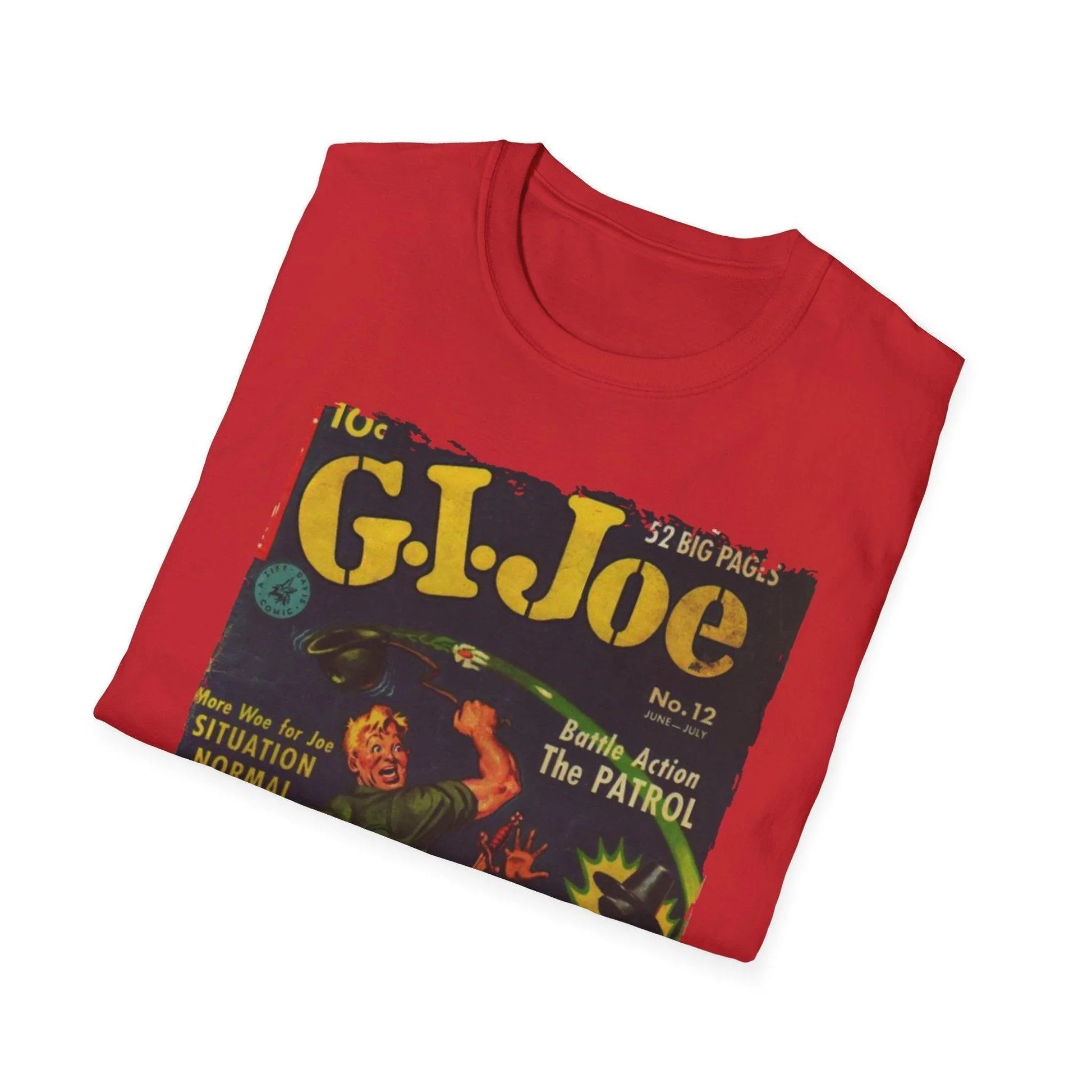 Close-up of the G.I. Joe No.12 unisex softstyle T-shirt label on the chest, showing fabric composition and stitched branding