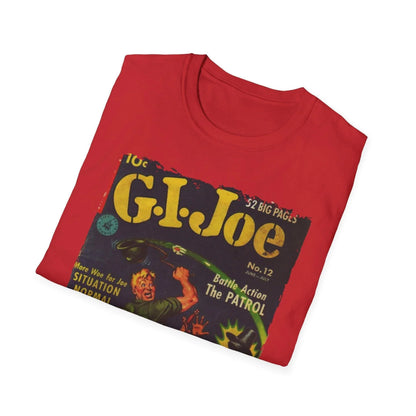 Close-up of the G.I. Joe No.12 unisex softstyle T-shirt label on the chest, showing fabric composition and stitched branding