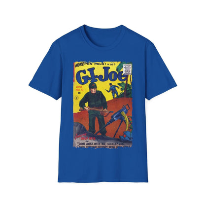 Close-up of the G.I. Joe No.51 unisex softstyle T-shirt's stitched collar and smooth fabric texture in navy blue.