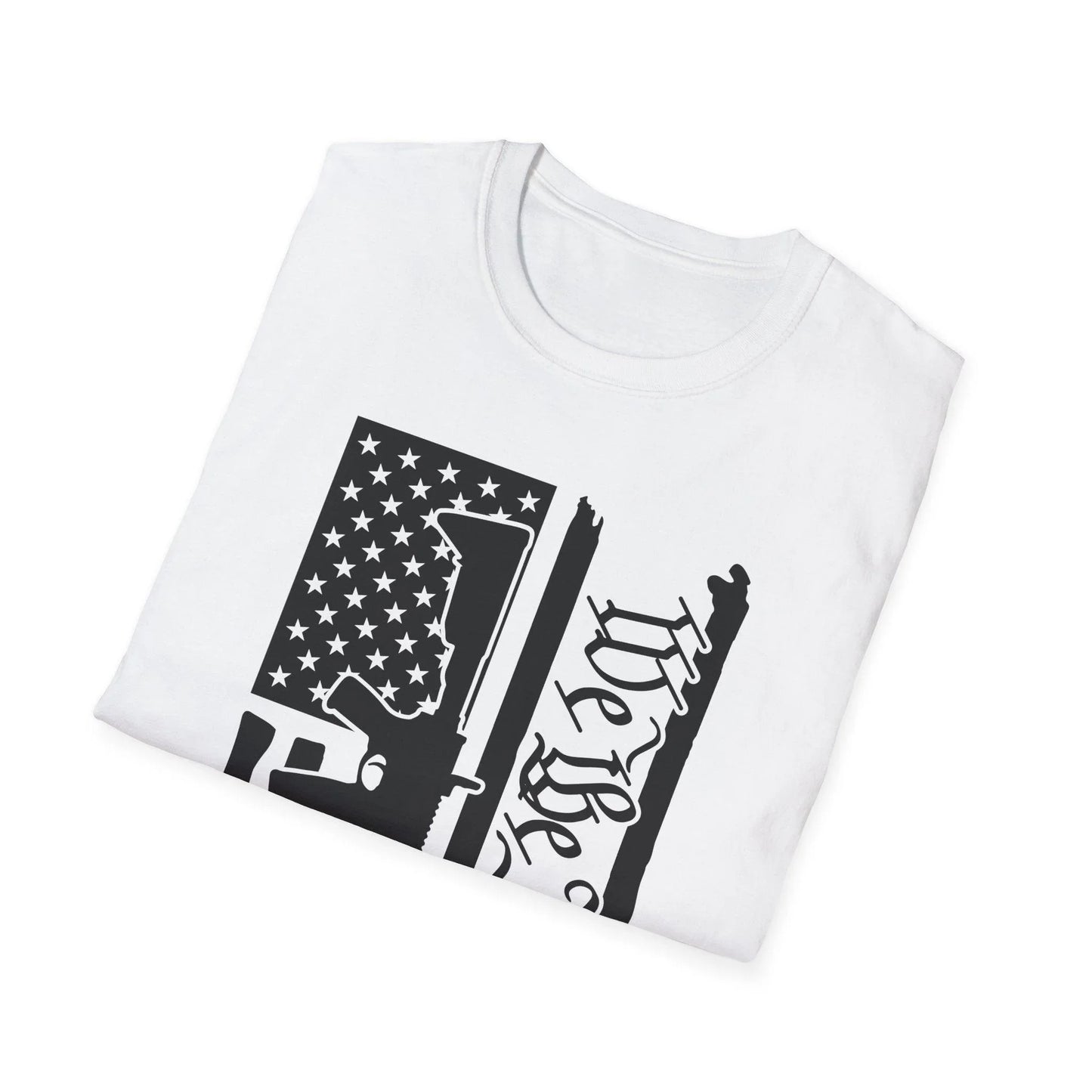 Close-up of the distressed black and white American flag design on the chest, highlighting the vintage, textured fabric