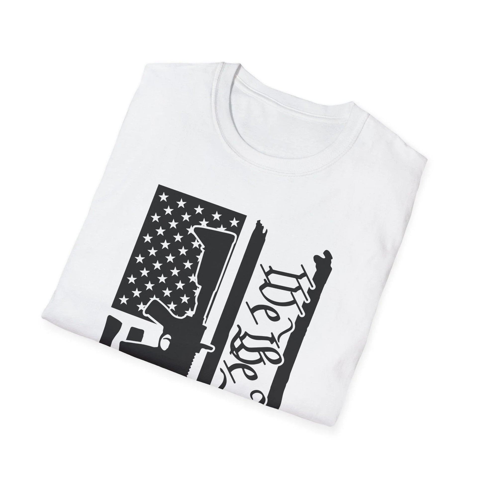 Close-up of the distressed black and white American flag design on the chest, highlighting the vintage, textured fabric