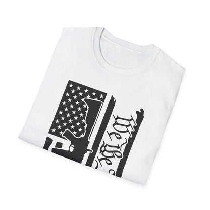 Close-up of the distressed black and white American flag design on the chest, highlighting the vintage, textured fabric